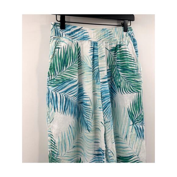 Tahari 100% Linen Blue & Green Tropical Palm Leave Wide Leg Crop Pull On Pant L - Picture 2 of 5